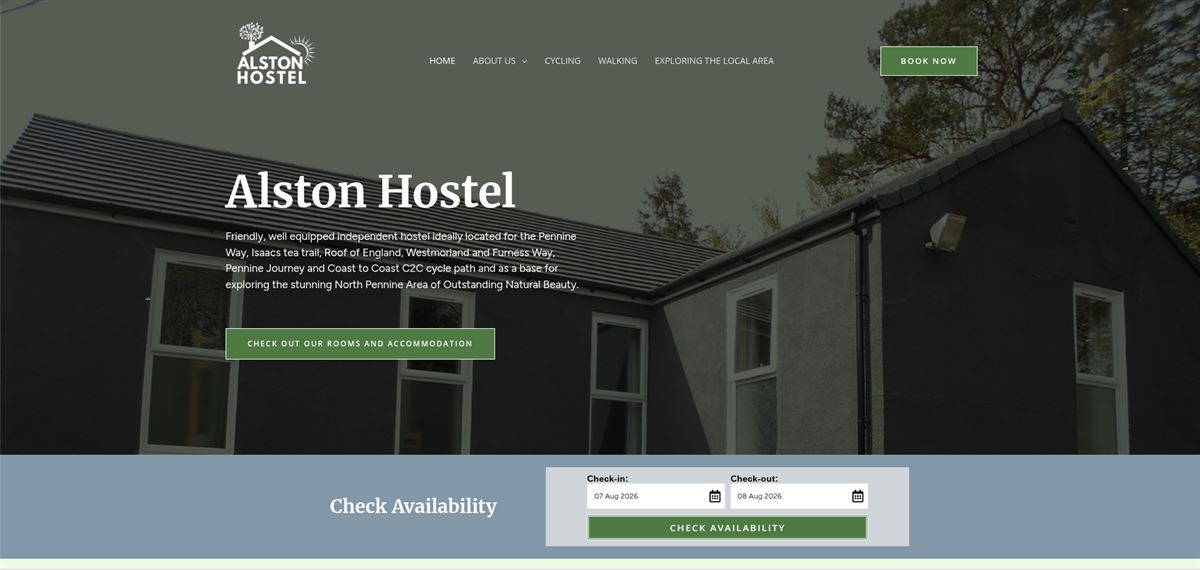 Alston Hostel website homepage with hero image of the hostel building, a booking-availability widget and Pennine Way route information