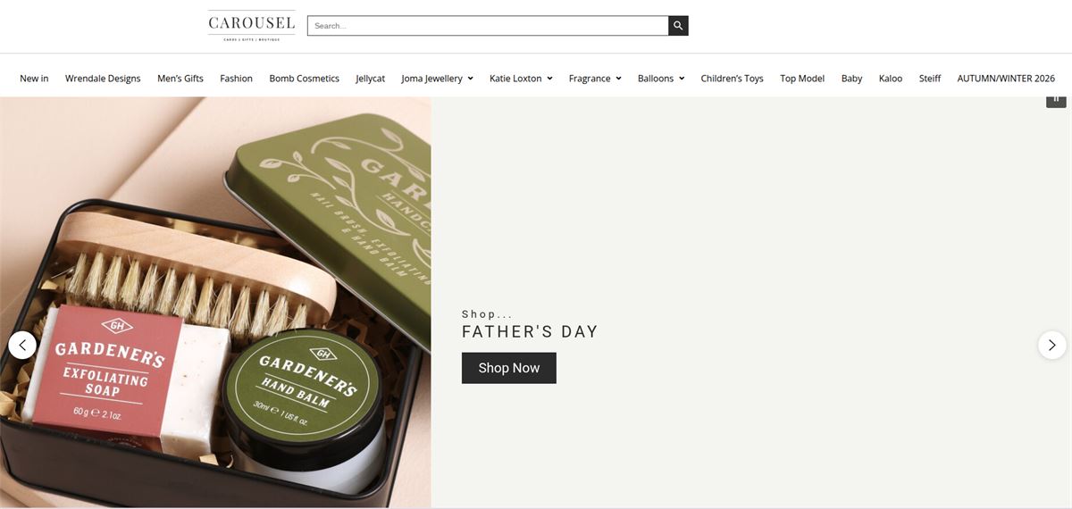 Carousel Cards, Gifts and Boutique website homepage with a product image carousel