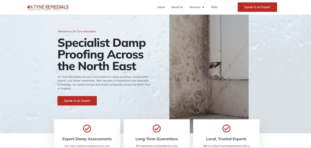 On Tyne Remedials website homepage for the damp and timber specialist