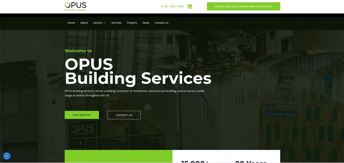 OPUS Building Services website homepage for the mechanical, electrical and building services contractor